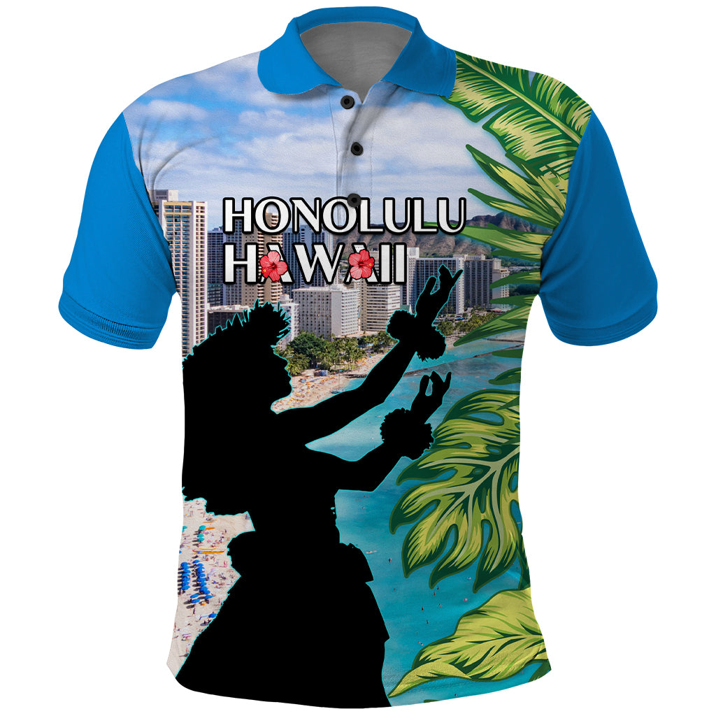 Personalised Honolulu Aloha Hawaii Polo Shirt Tropical Leaves With Hula Girl LT14 Blue - Polynesian Pride