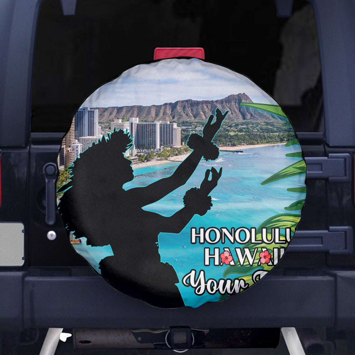 Personalised Honolulu Aloha Hawaii Spare Tire Cover Tropical Leaves With Hula Girl LT14 Blue - Polynesian Pride