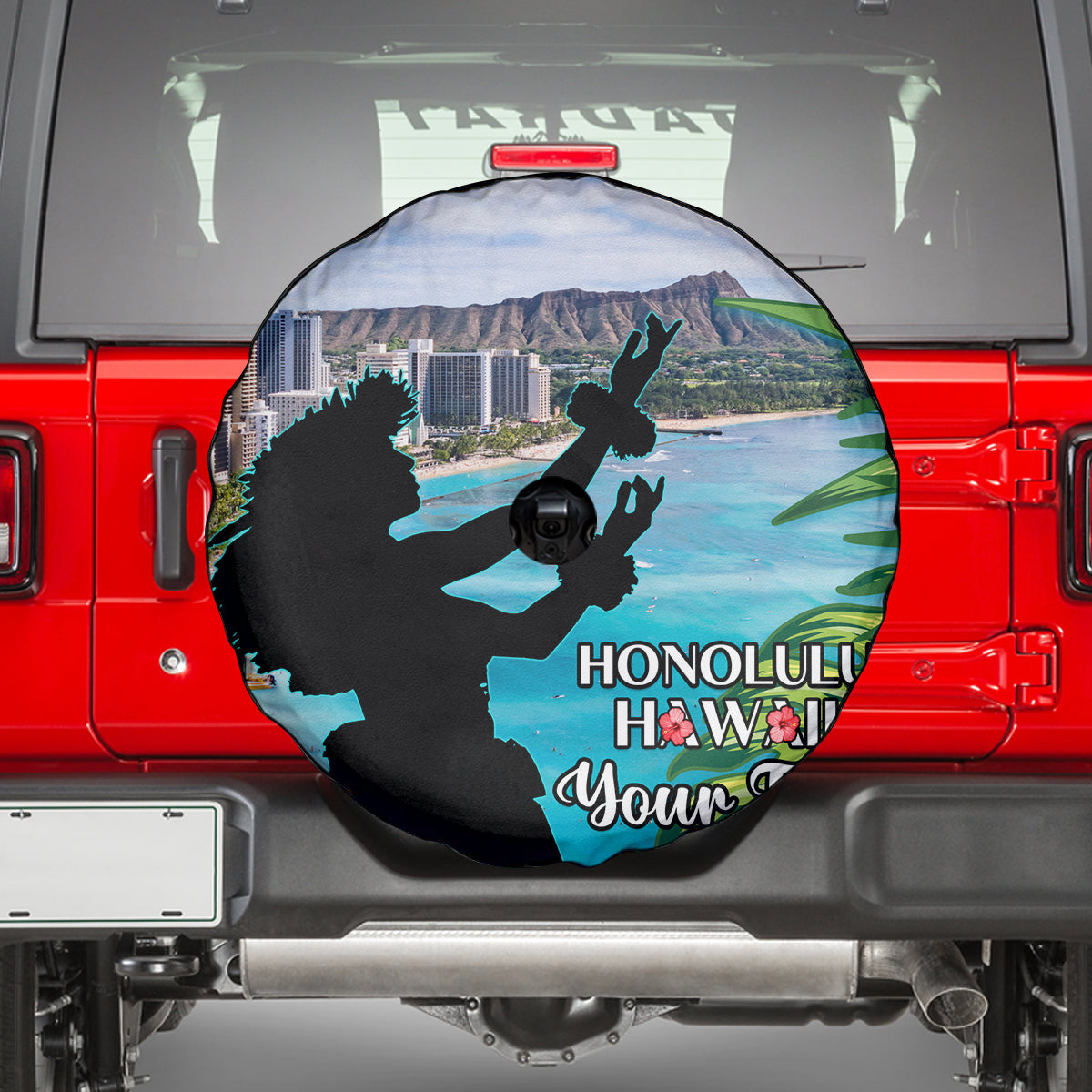 Personalised Honolulu Aloha Hawaii Spare Tire Cover Tropical Leaves With Hula Girl LT14 - Polynesian Pride