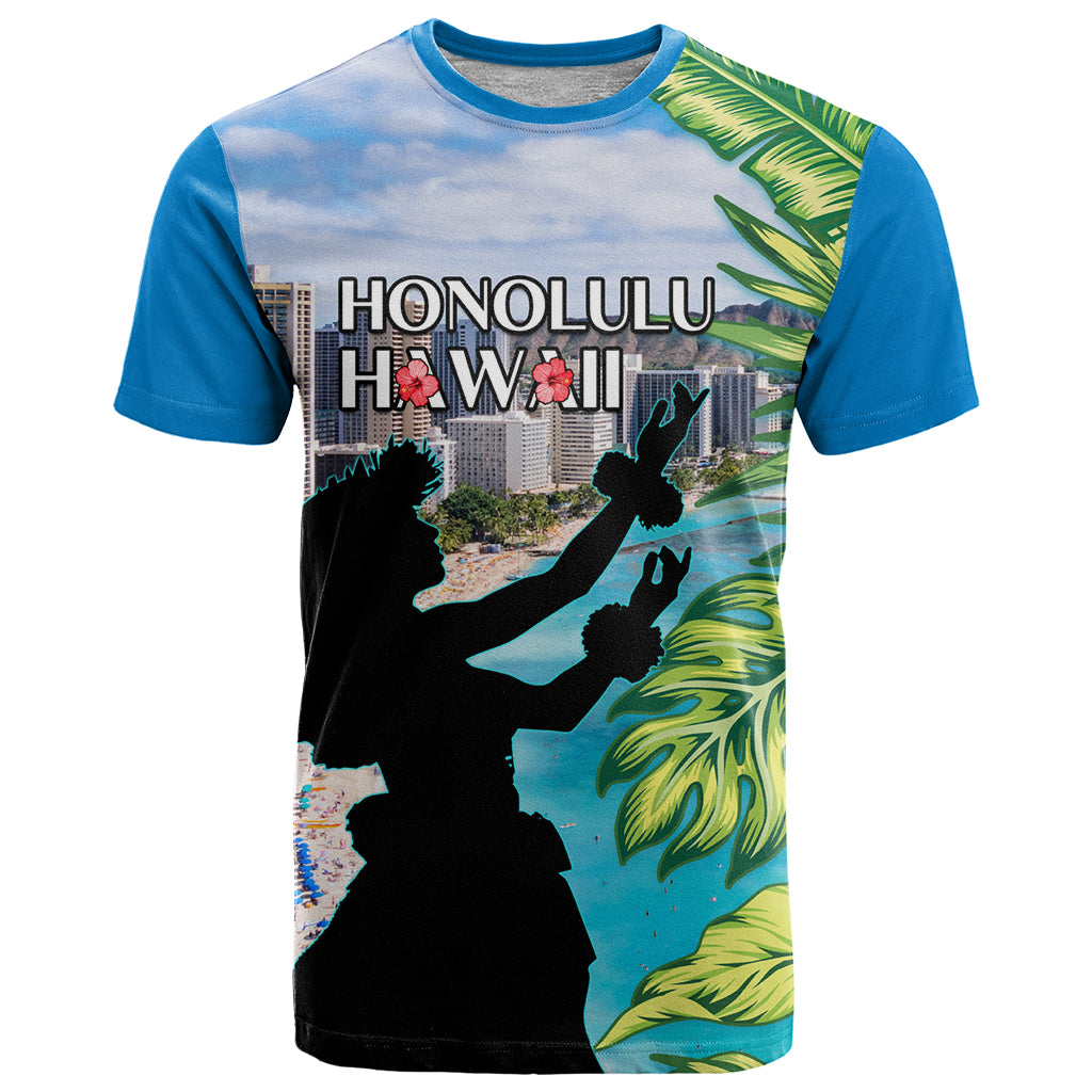 Personalised Honolulu Aloha Hawaii T Shirt Tropical Leaves With Hula Girl LT14 Blue - Polynesian Pride