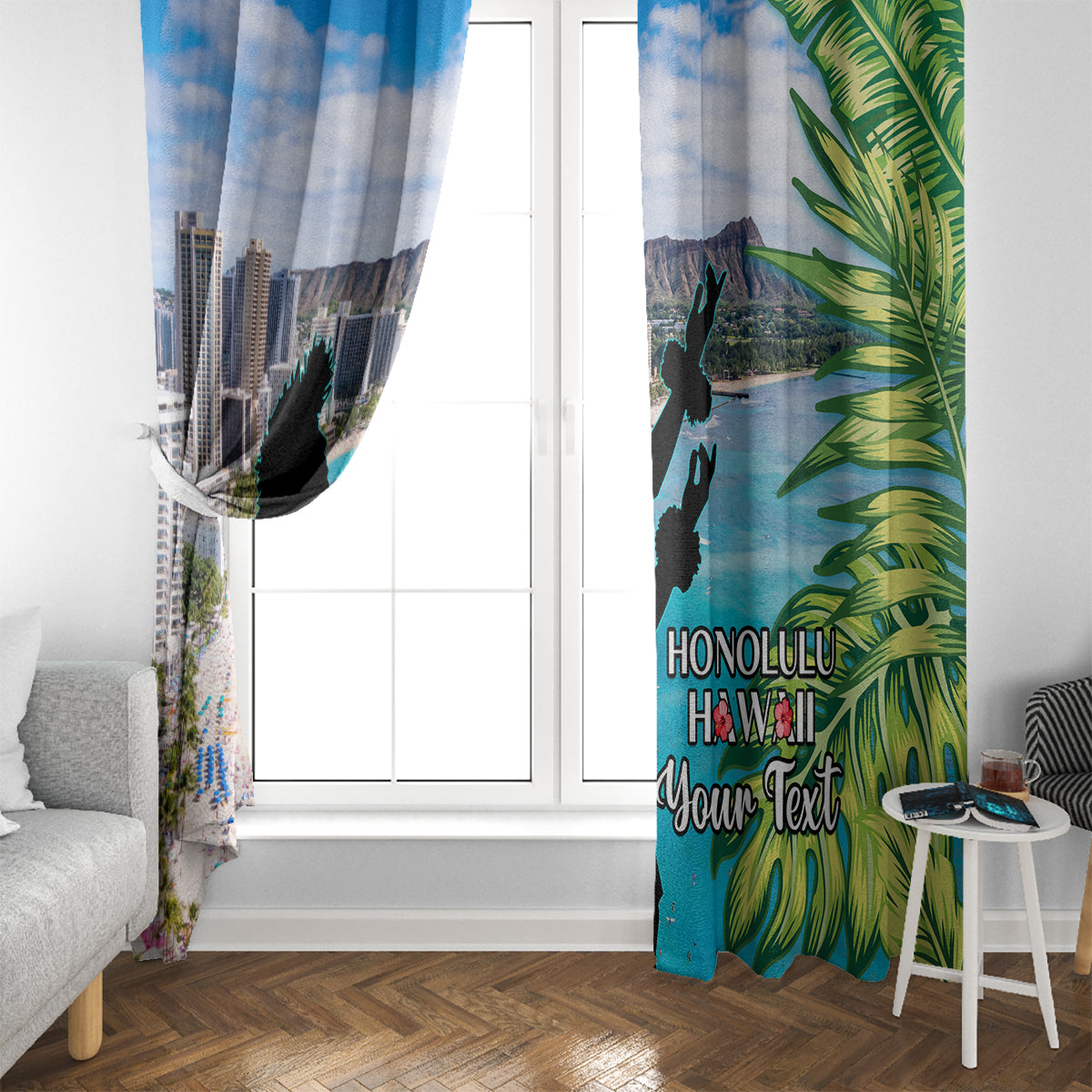 Personalised Honolulu Aloha Hawaii Window Curtain Tropical Leaves With Hula Girl LT14 - Polynesian Pride