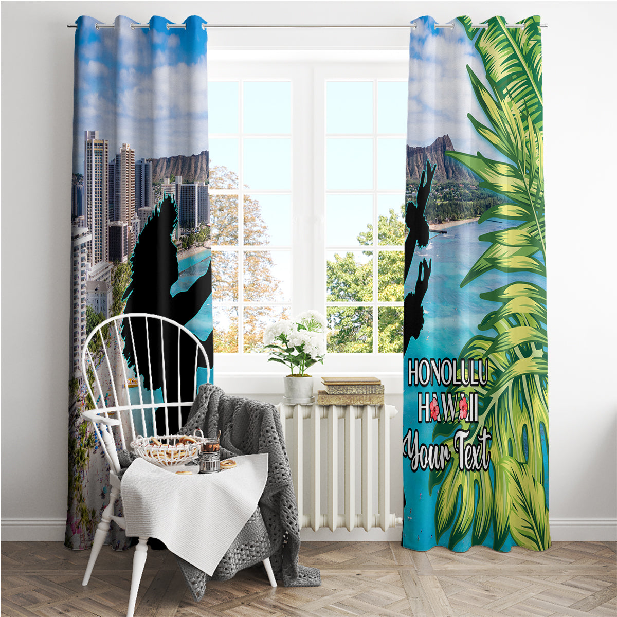 Personalised Honolulu Aloha Hawaii Window Curtain Tropical Leaves With Hula Girl LT14 - Polynesian Pride