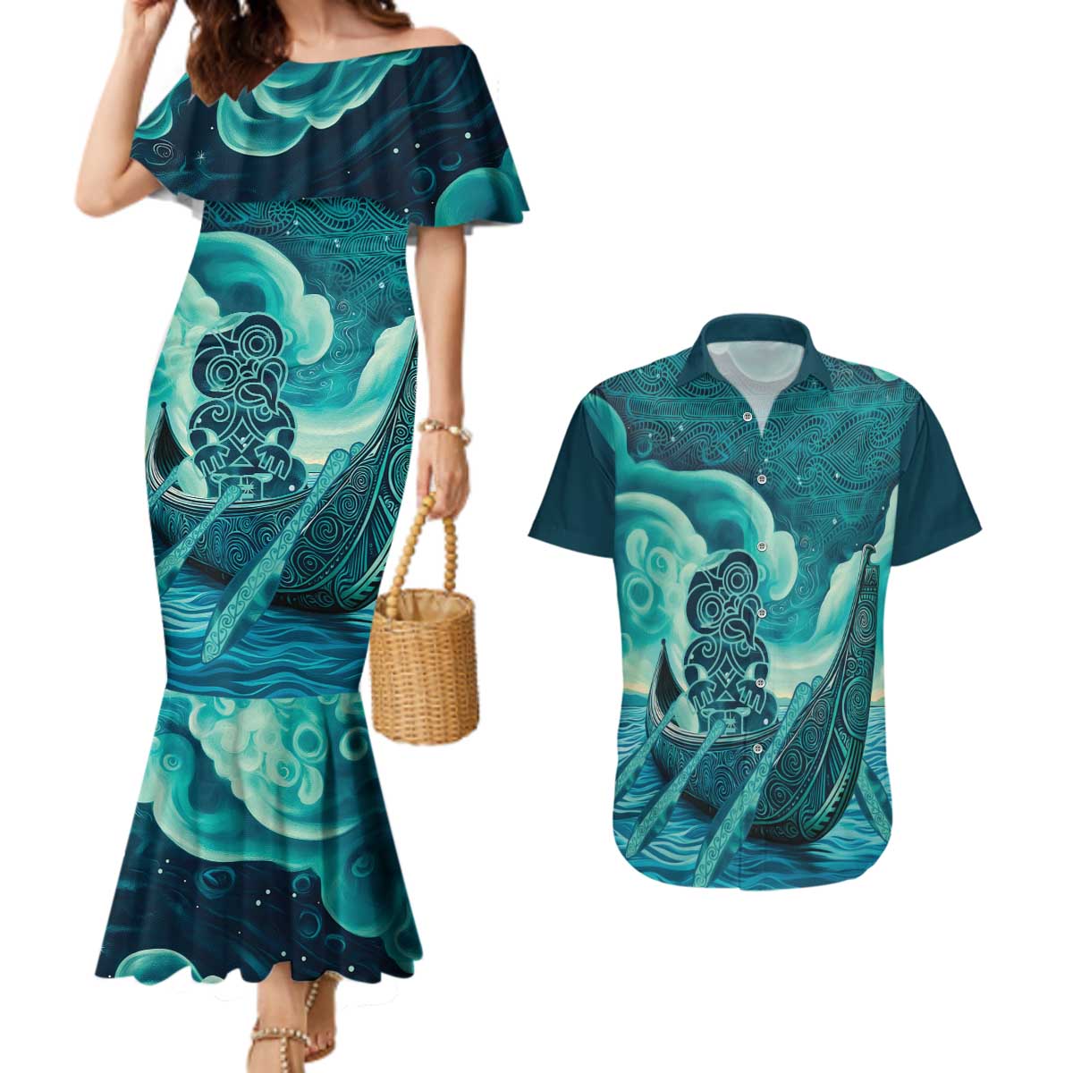 Personalised New Zealand Waitangi Day Couples Matching Mermaid Dress and Hawaiian Shirt Hei Tiki With Maori Waka - Whakarare Pattern