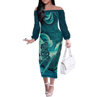 Personalised New Zealand Waitangi Day Off The Shoulder Long Sleeve Dress Hei Tiki With Maori Waka - Whakarare Pattern LT14 Women Dark Cyan - Polynesian Pride