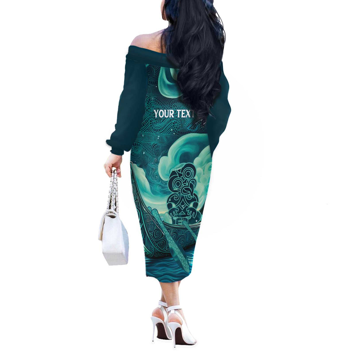 Personalised New Zealand Waitangi Day Off The Shoulder Long Sleeve Dress Hei Tiki With Maori Waka - Whakarare Pattern LT14 - Polynesian Pride