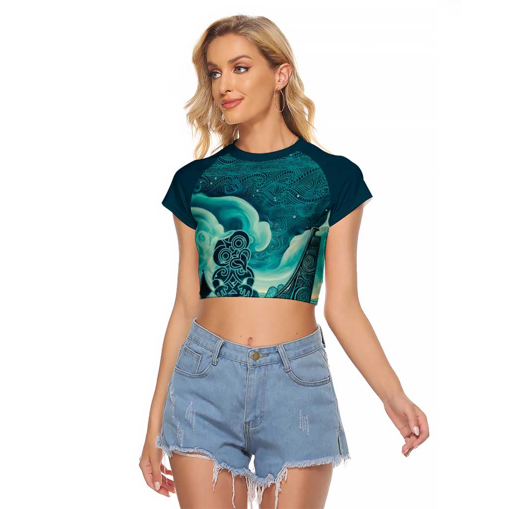 Personalised New Zealand Waitangi Day Raglan Cropped T Shirt Hei Tiki With Maori Waka - Whakarare Pattern LT14 Female Dark Cyan - Polynesian Pride