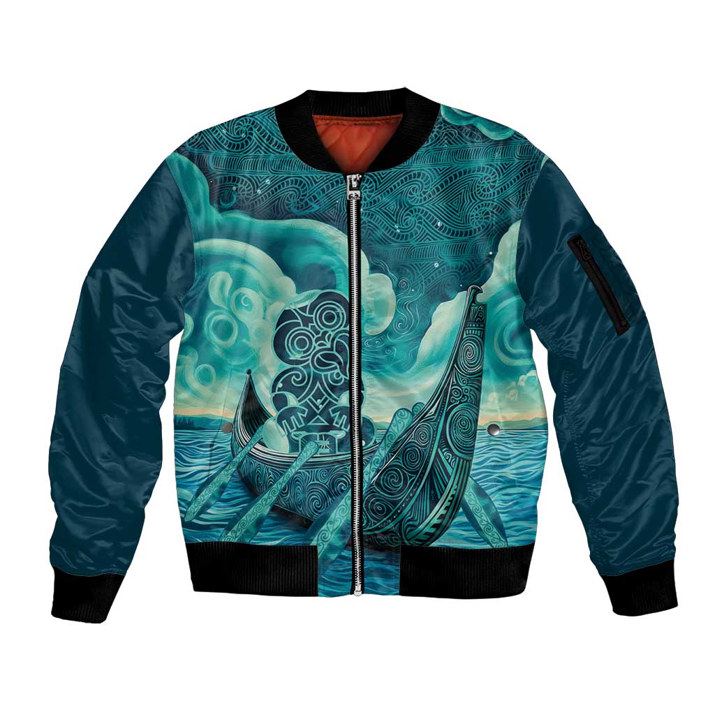 Personalised New Zealand Waitangi Day Sleeve Zip Bomber Jacket Hei Tiki With Maori Waka - Whakarare Pattern