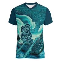 Personalised New Zealand Waitangi Day Women V-Neck T-Shirt Hei Tiki With Maori Waka - Whakarare Pattern LT14 Female Dark Cyan - Polynesian Pride