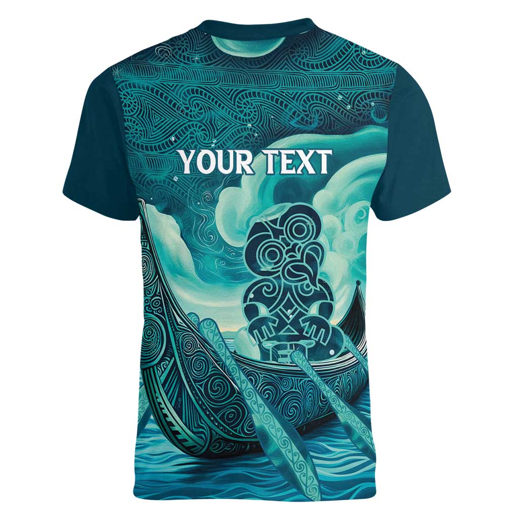 Personalised New Zealand Waitangi Day Women V-Neck T-Shirt Hei Tiki With Maori Waka - Whakarare Pattern LT14 - Polynesian Pride