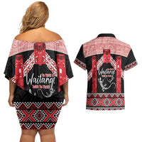 Toitu Te Tiriti O Waitangi Couples Matching Off Shoulder Short Dress and Hawaiian Shirt Maori Wharenui With Taniko Motifs