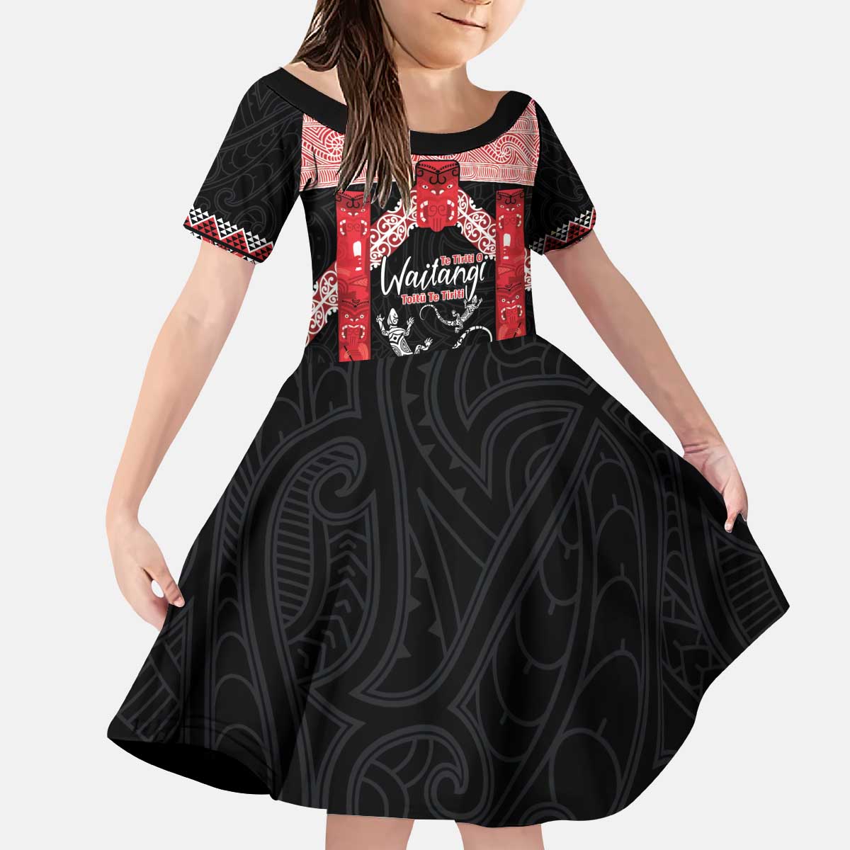 Toitu Te Tiriti O Waitangi Kid Short Sleeve Dress Maori Wharenui With Taniko Motifs