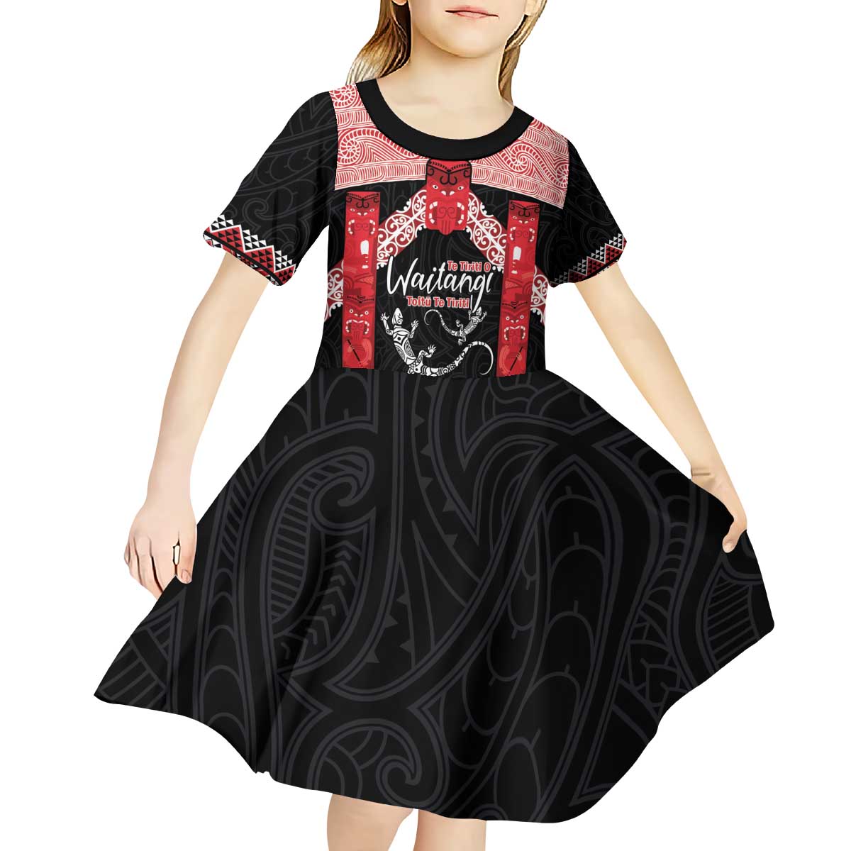 Toitu Te Tiriti O Waitangi Kid Short Sleeve Dress Maori Wharenui With Taniko Motifs LT14 - Polynesian Pride