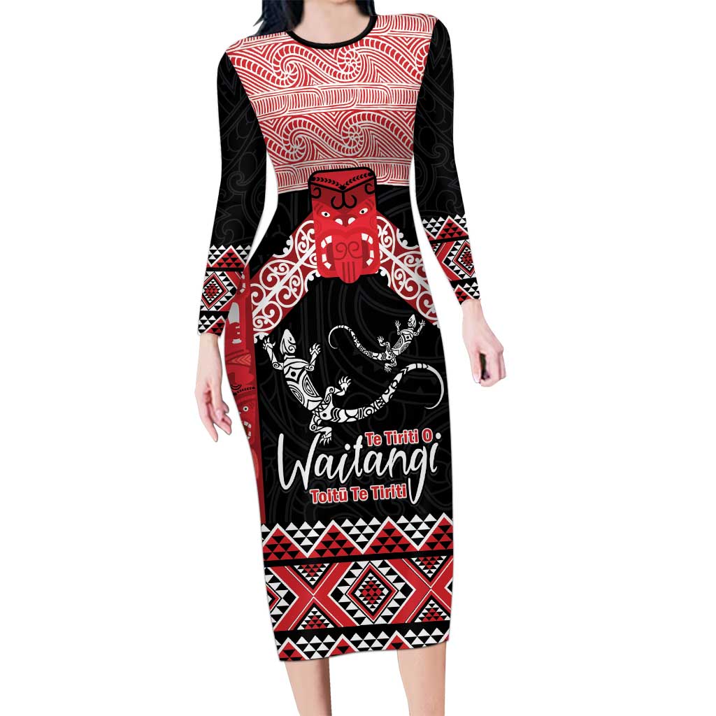 Toitu Te Tiriti O Waitangi Long Sleeve Bodycon Dress Maori Wharenui With Taniko Motifs LT14 Long Dress Red - Polynesian Pride
