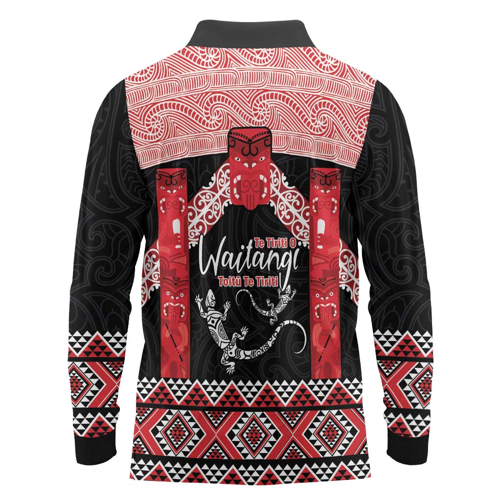 Toitu Te Tiriti O Waitangi Long Sleeve Polo Shirt Maori Wharenui With Taniko Motifs