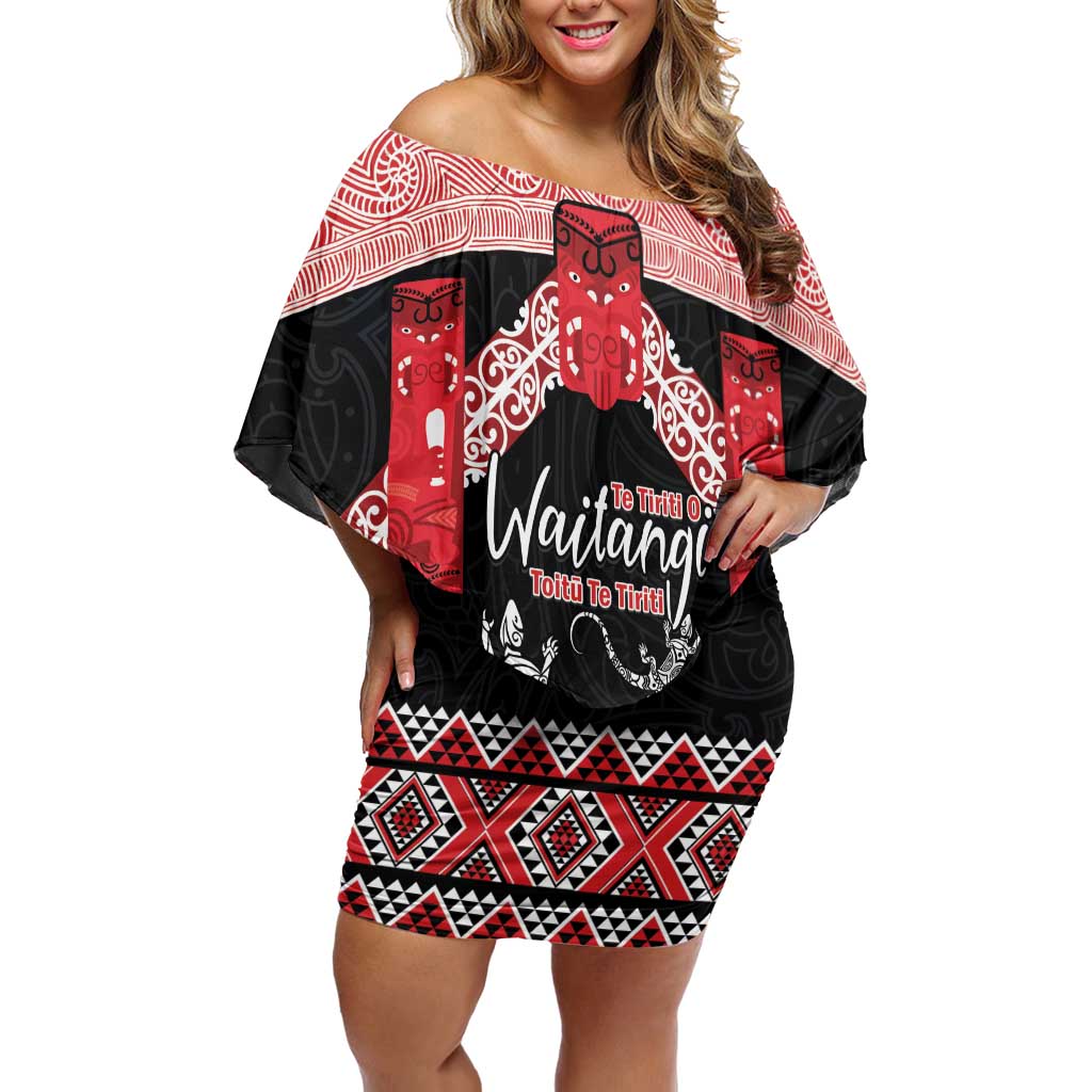 Toitu Te Tiriti O Waitangi Off Shoulder Short Dress Maori Wharenui With Taniko Motifs