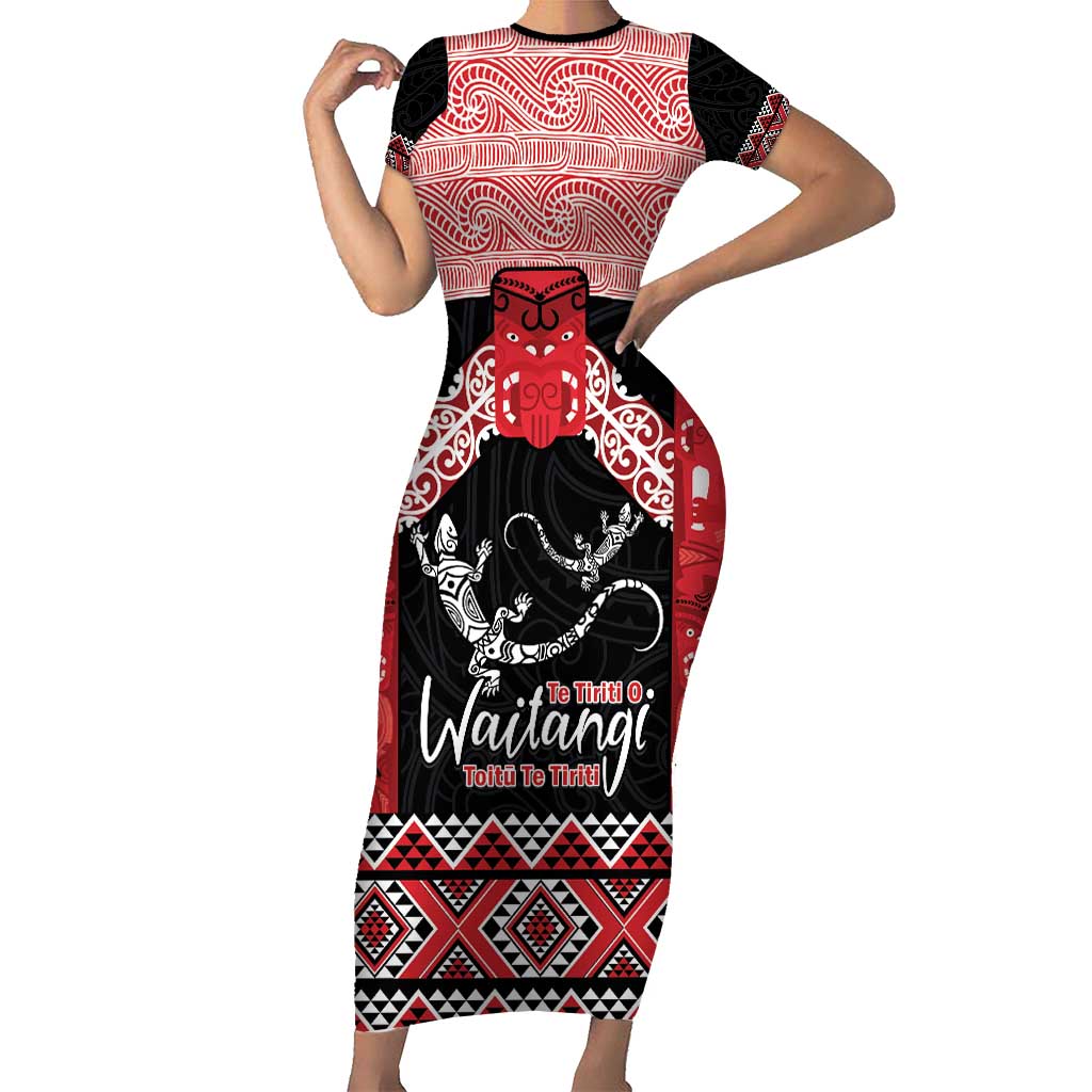 Toitu Te Tiriti O Waitangi Short Sleeve Bodycon Dress Maori Wharenui With Taniko Motifs LT14 Long Dress Red - Polynesian Pride