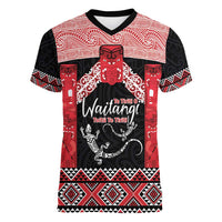 Toitu Te Tiriti O Waitangi Women V-Neck T-Shirt Maori Wharenui With Taniko Motifs LT14 Female Red - Polynesian Pride