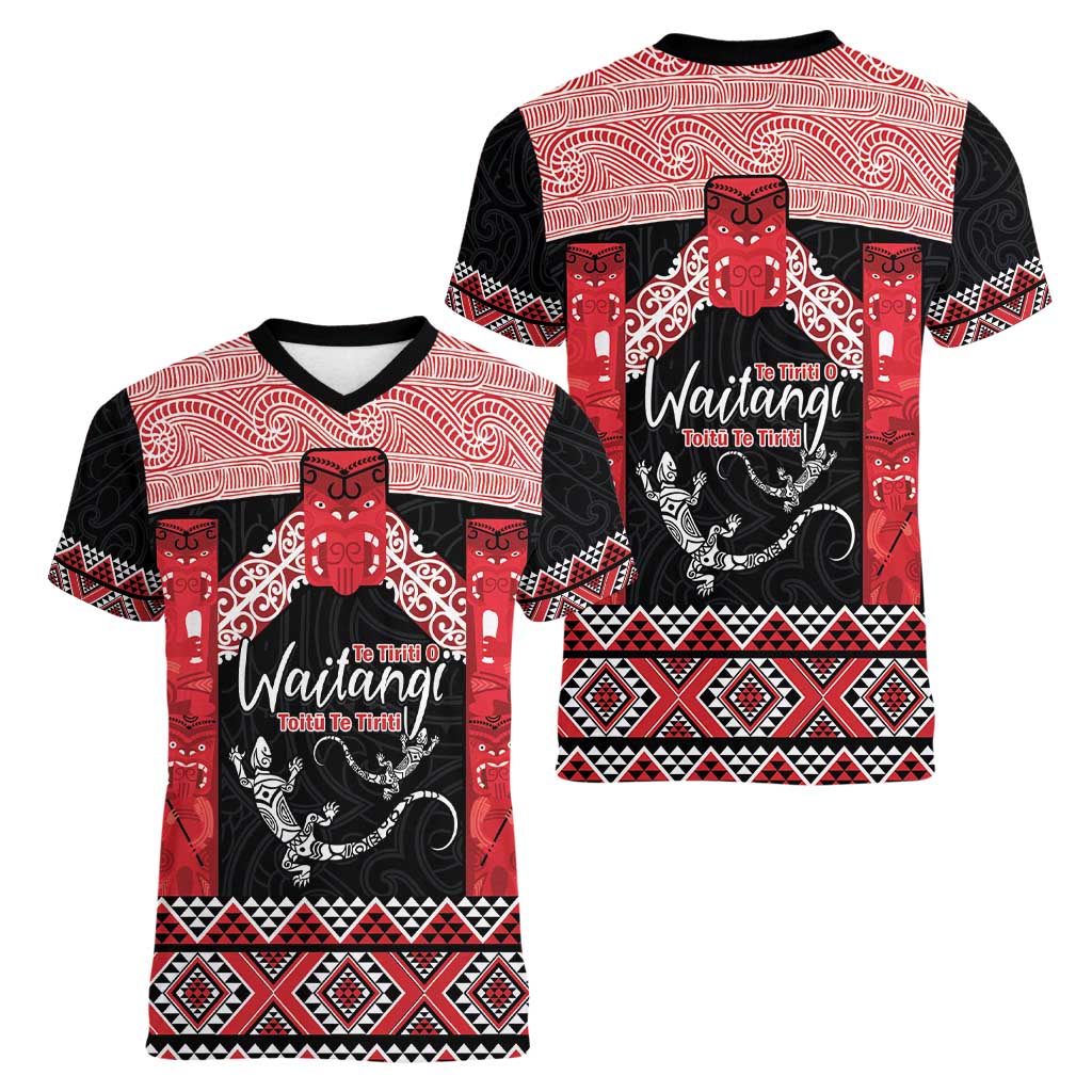 Toitu Te Tiriti O Waitangi Women V-Neck T-Shirt Maori Wharenui With Taniko Motifs LT14 - Polynesian Pride