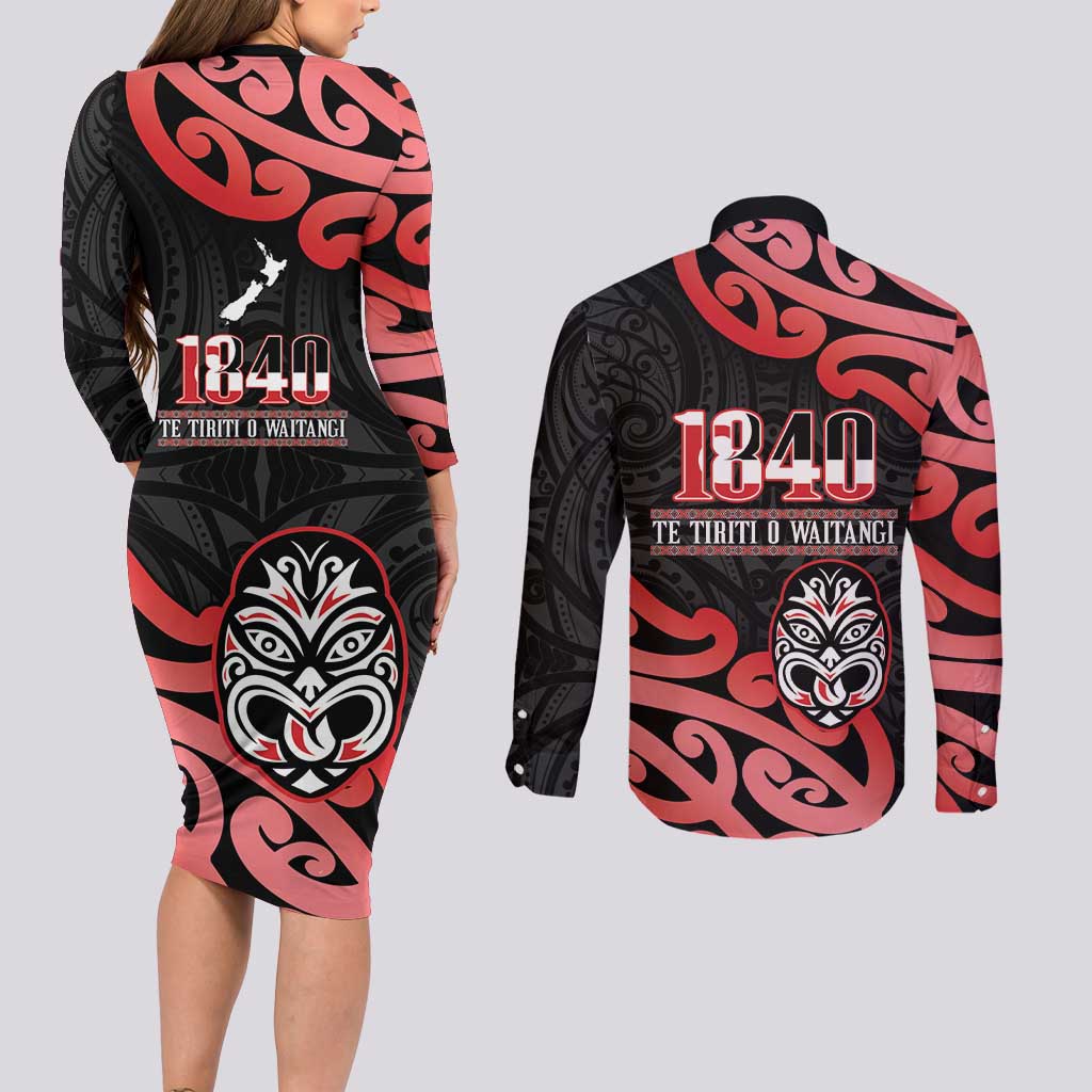 New Zealand 1840 Waitangi Day Couples Matching Long Sleeve Bodycon Dress and Long Sleeve Button Shirt Aotearoa Haka Mask - Red Version