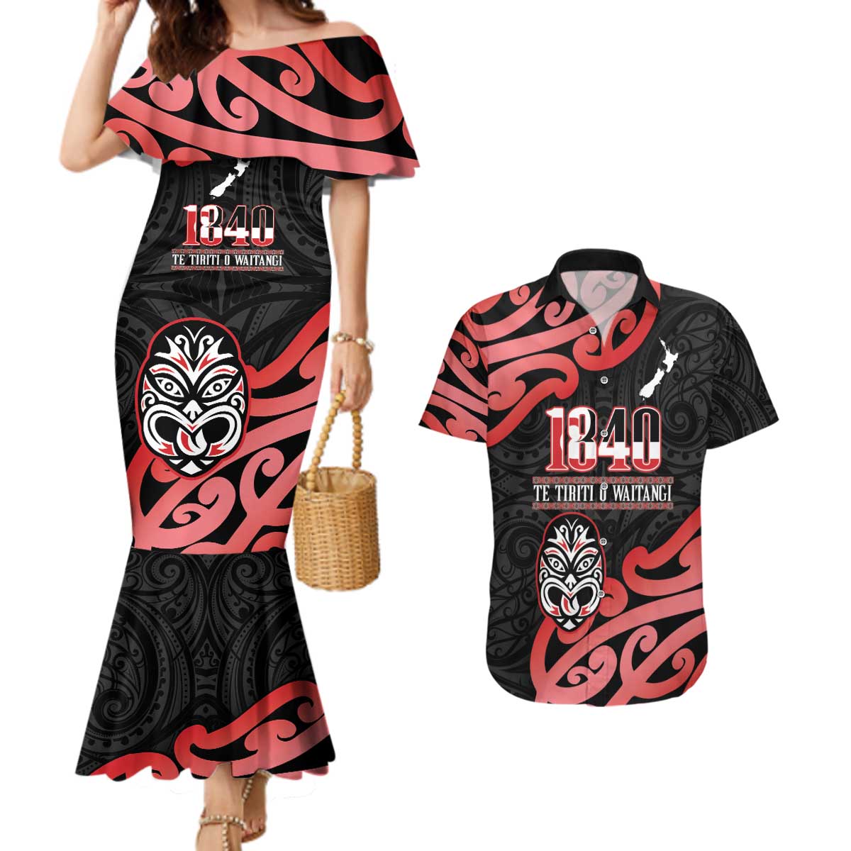 New Zealand 1840 Waitangi Day Couples Matching Mermaid Dress and Hawaiian Shirt Aotearoa Haka Mask - Red Version