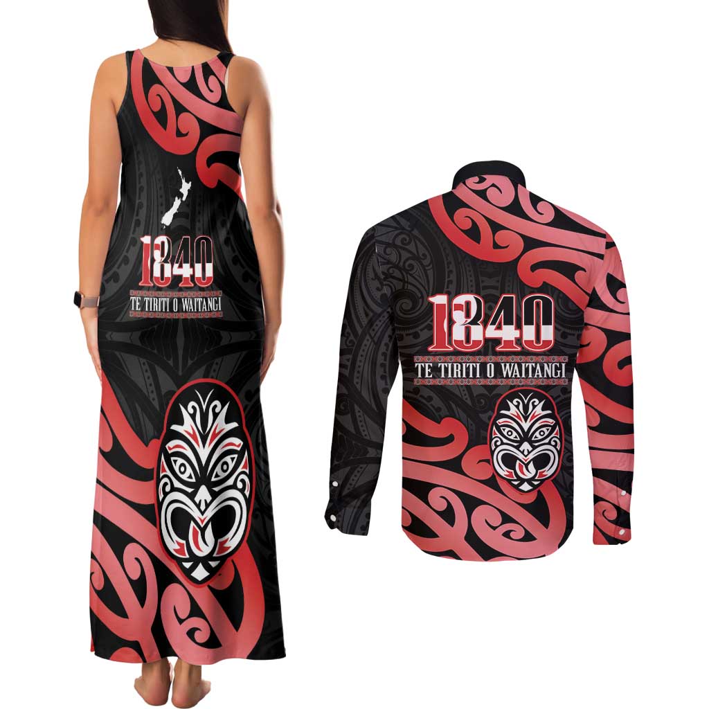New Zealand 1840 Waitangi Day Couples Matching Tank Maxi Dress and Long Sleeve Button Shirt Aotearoa Haka Mask - Red Version