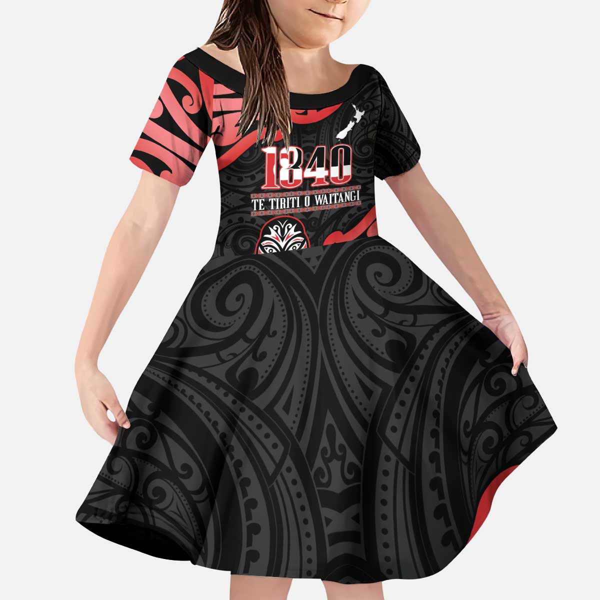 New Zealand 1840 Waitangi Day Kid Short Sleeve Dress Aotearoa Haka Mask - Red Version LT14 KID Red - Polynesian Pride