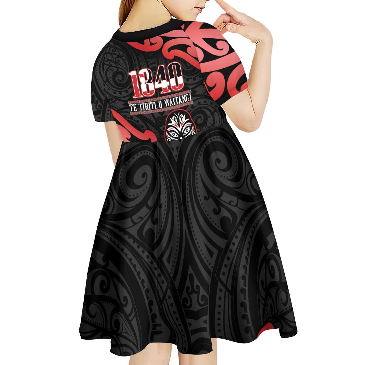 New Zealand 1840 Waitangi Day Kid Short Sleeve Dress Aotearoa Haka Mask - Red Version LT14 - Polynesian Pride