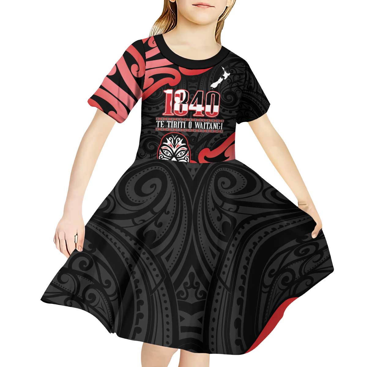 New Zealand 1840 Waitangi Day Kid Short Sleeve Dress Aotearoa Haka Mask - Red Version LT14 - Polynesian Pride