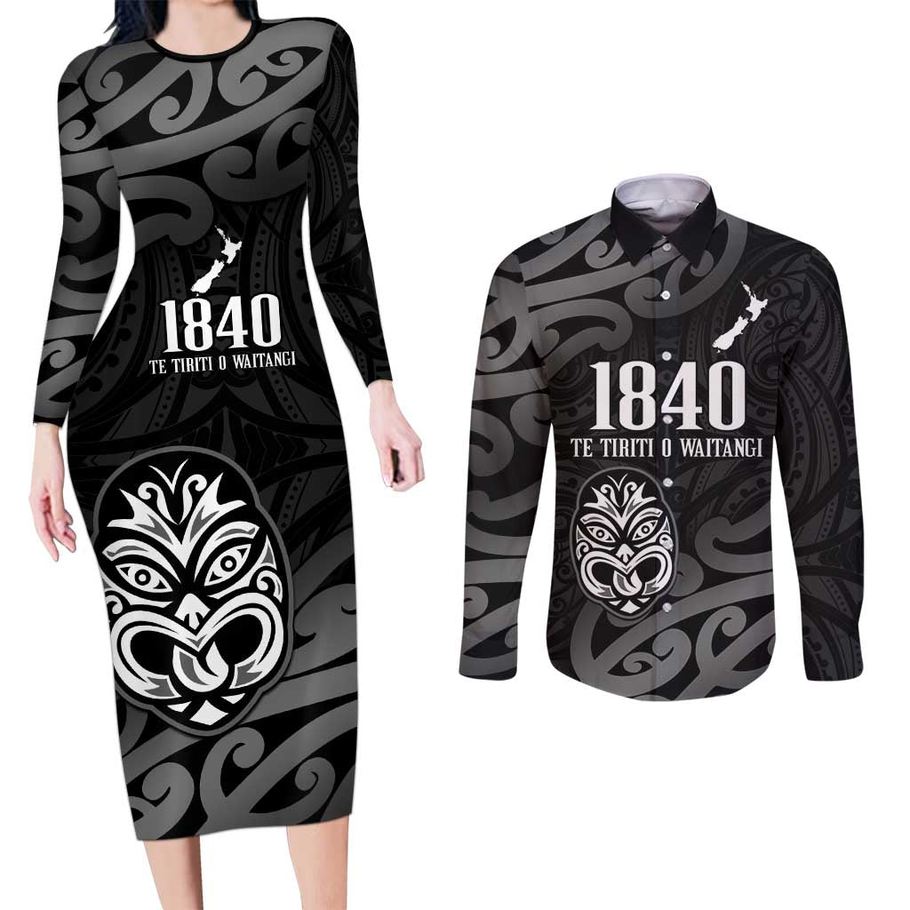 New Zealand 1840 Waitangi Day Couples Matching Long Sleeve Bodycon Dress and Long Sleeve Button Shirt Aotearoa Haka Mask - Black Version