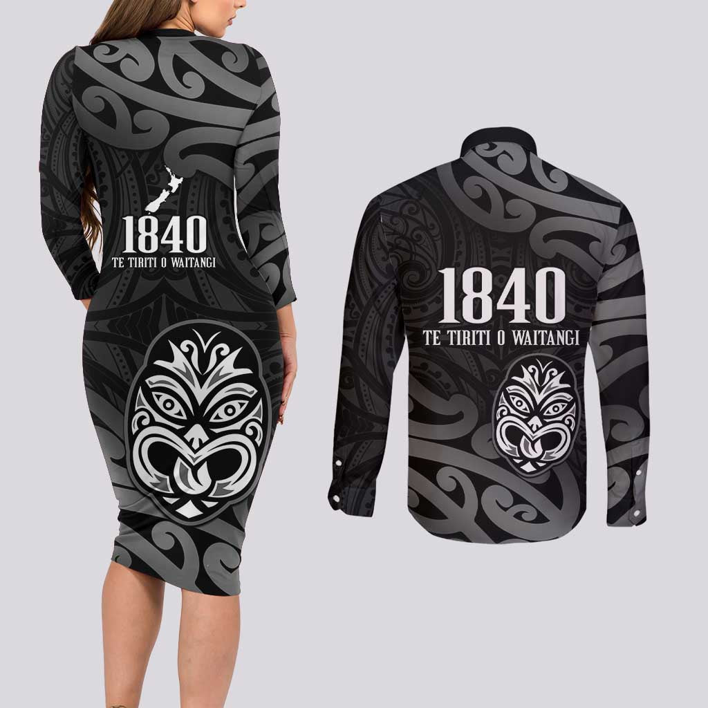 New Zealand 1840 Waitangi Day Couples Matching Long Sleeve Bodycon Dress and Long Sleeve Button Shirt Aotearoa Haka Mask - Black Version