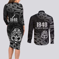 New Zealand 1840 Waitangi Day Couples Matching Long Sleeve Bodycon Dress and Long Sleeve Button Shirt Aotearoa Haka Mask - Black Version