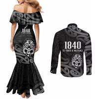 New Zealand 1840 Waitangi Day Couples Matching Mermaid Dress and Long Sleeve Button Shirt Aotearoa Haka Mask - Black Version