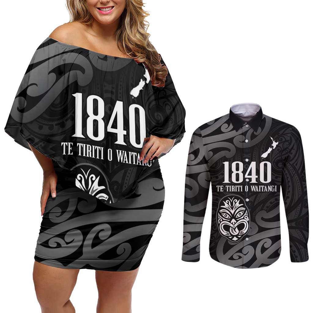 New Zealand 1840 Waitangi Day Couples Matching Off Shoulder Short Dress and Long Sleeve Button Shirt Aotearoa Haka Mask - Black Version