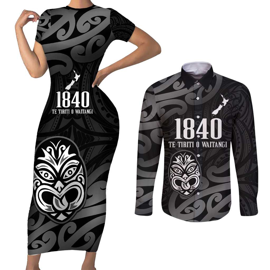 New Zealand 1840 Waitangi Day Couples Matching Short Sleeve Bodycon Dress and Long Sleeve Button Shirt Aotearoa Haka Mask - Black Version