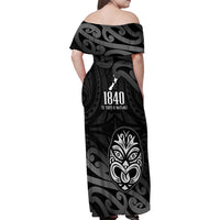 New Zealand 1840 Waitangi Day Family Matching Off Shoulder Maxi Dress and Hawaiian Shirt Aotearoa Haka Mask - Black Version