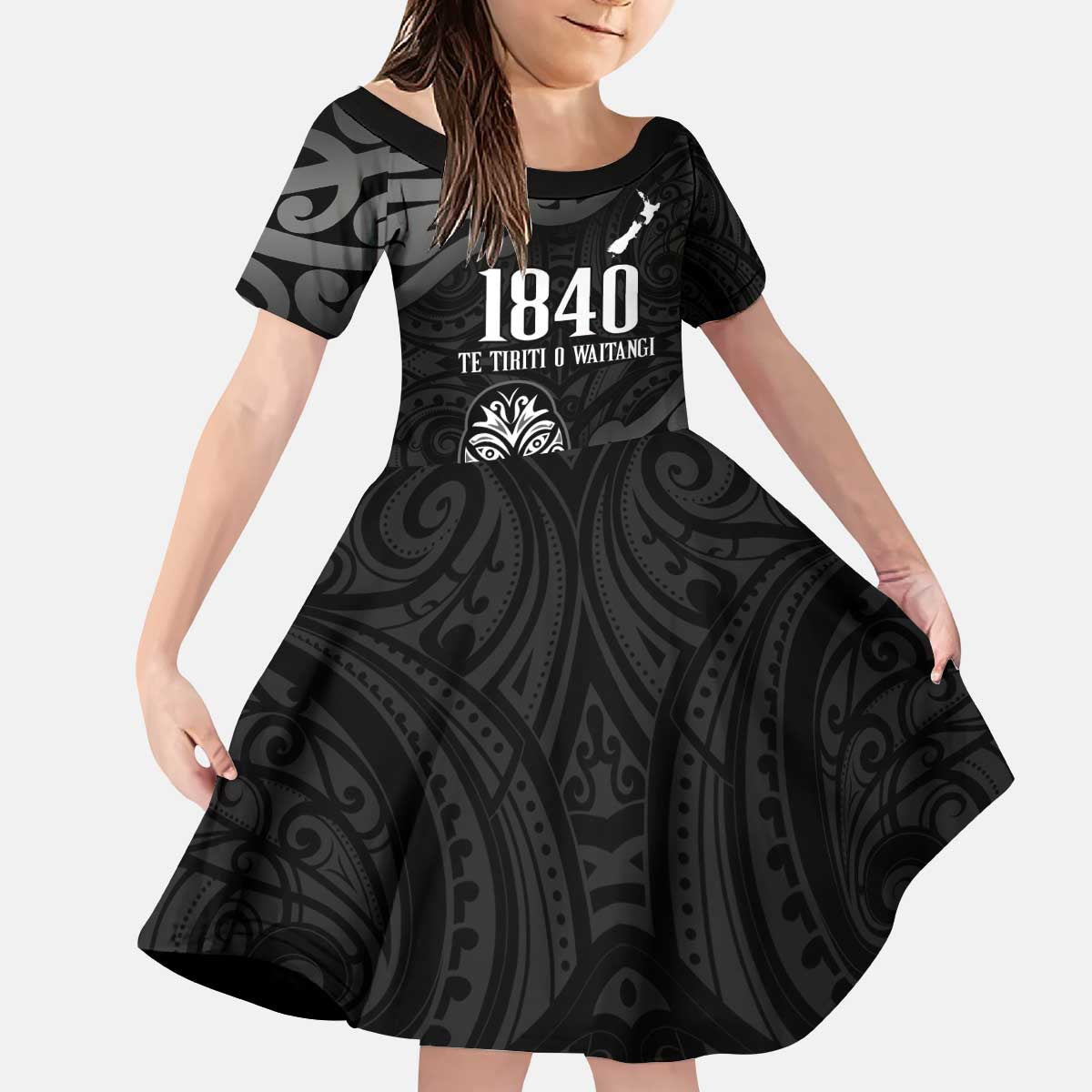 New Zealand 1840 Waitangi Day Kid Short Sleeve Dress Aotearoa Haka Mask - Black Version