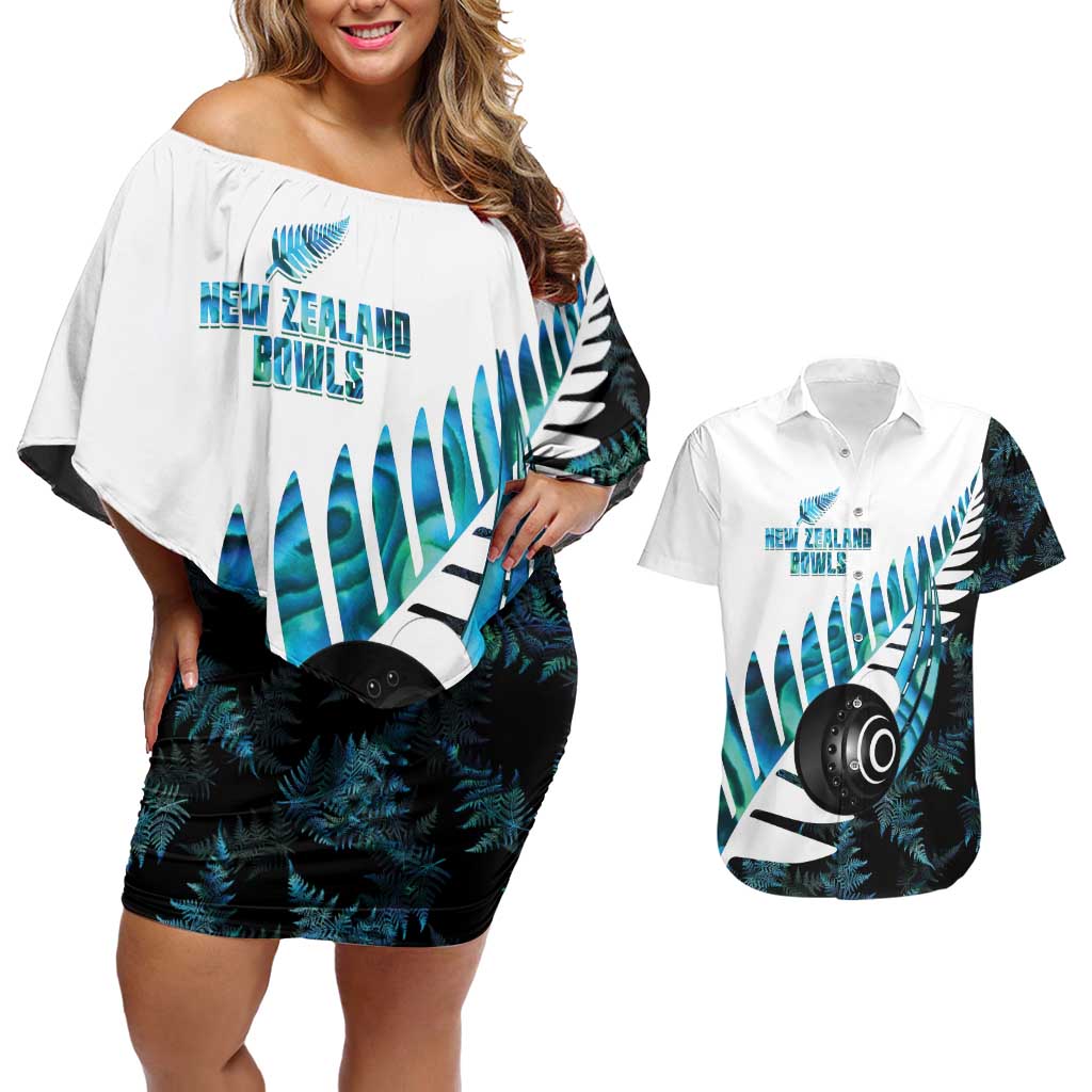 New Zealand Lawn Bowls Custom Couples Matching Off Shoulder Short Dress and Hawaiian Shirt Aotearoa Silver Fern Paua Shell LT14 Black - Polynesian Pride