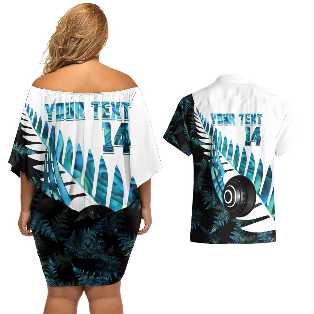 New Zealand Lawn Bowls Custom Couples Matching Off Shoulder Short Dress and Hawaiian Shirt Aotearoa Silver Fern Paua Shell LT14 - Polynesian Pride