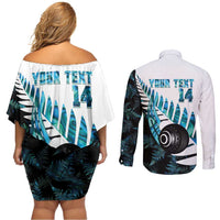 New Zealand Lawn Bowls Custom Couples Matching Off Shoulder Short Dress and Long Sleeve Button Shirt Aotearoa Silver Fern Paua Shell LT14 - Polynesian Pride