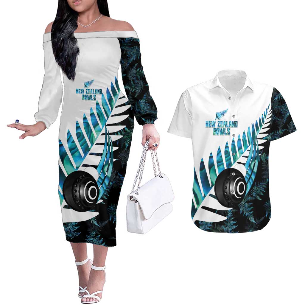 New Zealand Lawn Bowls Custom Couples Matching Off The Shoulder Long Sleeve Dress and Hawaiian Shirt Aotearoa Silver Fern Paua Shell LT14 Black - Polynesian Pride