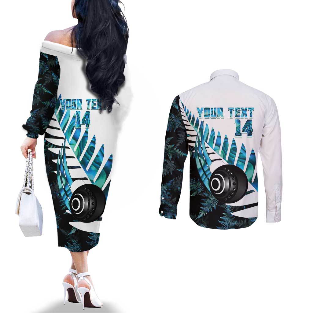 New Zealand Lawn Bowls Custom Couples Matching Off The Shoulder Long Sleeve Dress and Long Sleeve Button Shirt Aotearoa Silver Fern Paua Shell LT14 - Polynesian Pride