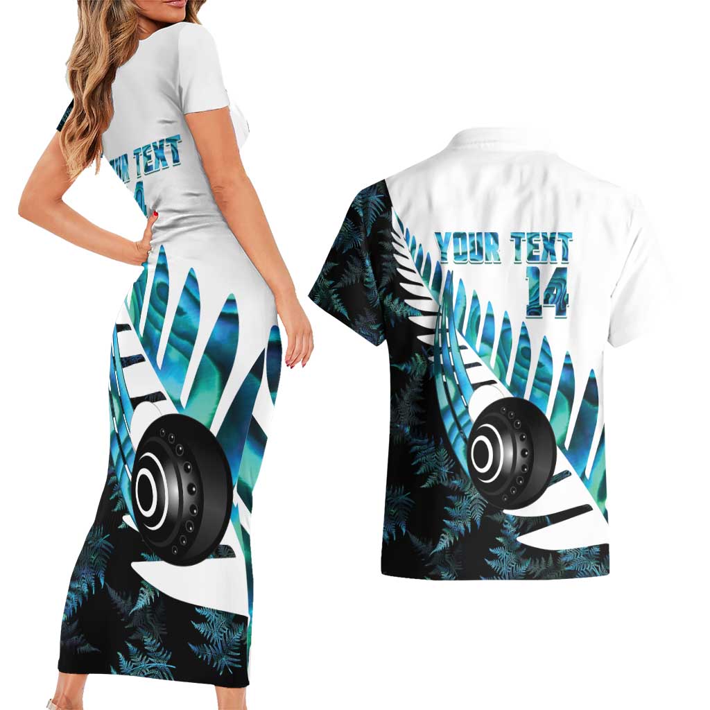 New Zealand Lawn Bowls Custom Couples Matching Short Sleeve Bodycon Dress and Hawaiian Shirt Aotearoa Silver Fern Paua Shell LT14 - Polynesian Pride