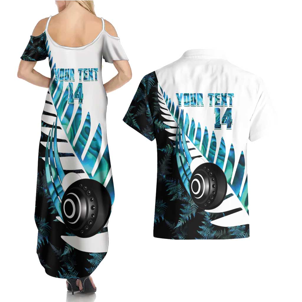 New Zealand Lawn Bowls Custom Couples Matching Summer Maxi Dress and Hawaiian Shirt Aotearoa Silver Fern Paua Shell LT14 - Polynesian Pride