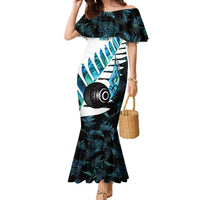 New Zealand Lawn Bowls Custom Family Matching Mermaid Dress and Hawaiian Shirt Aotearoa Silver Fern Paua Shell LT14 Mom's Dress Black - Polynesian Pride