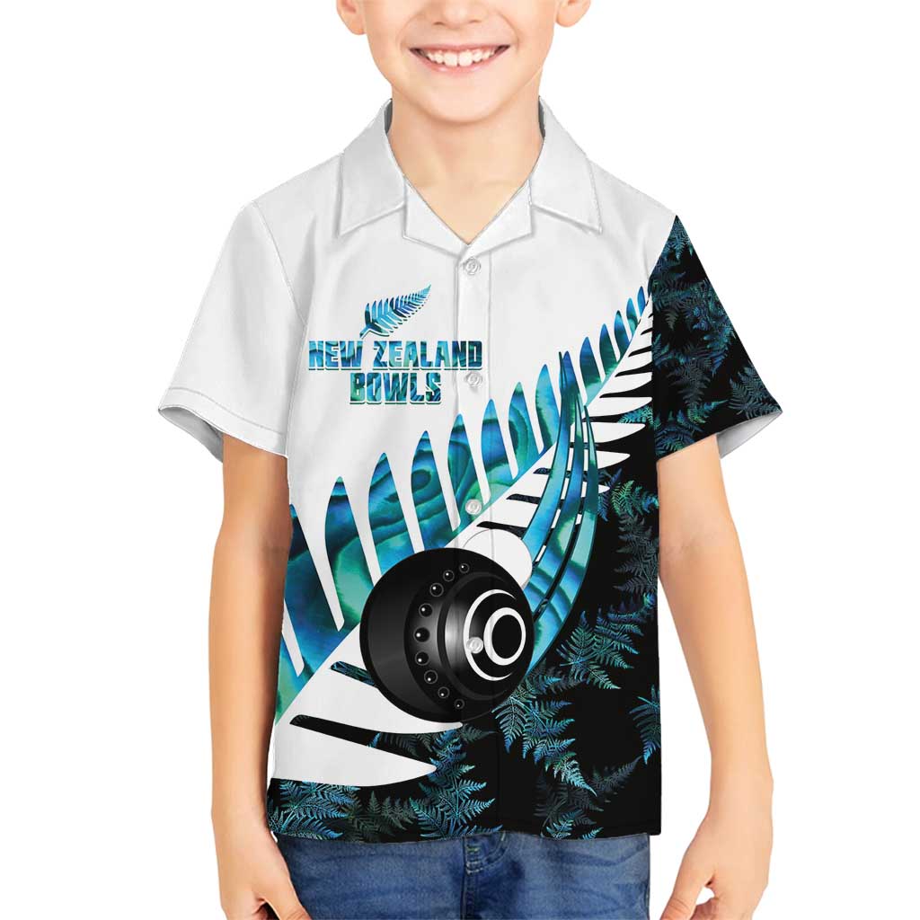 New Zealand Lawn Bowls Custom Family Matching Off Shoulder Maxi Dress and Hawaiian Shirt Aotearoa Silver Fern Paua Shell LT14 Son's Shirt Black - Polynesian Pride