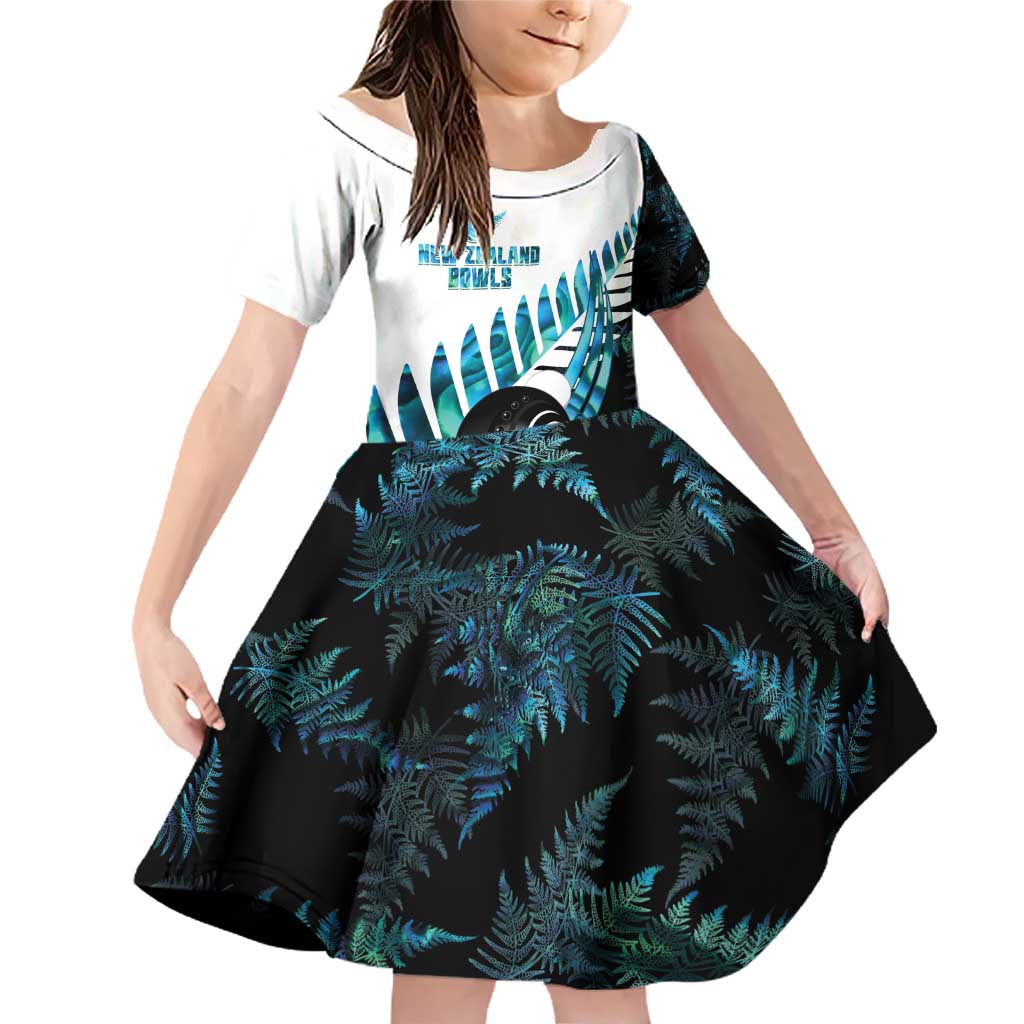 New Zealand Lawn Bowls Custom Family Matching Off Shoulder Short Dress and Hawaiian Shirt Aotearoa Silver Fern Paua Shell LT14 Daughter's Dress Black - Polynesian Pride