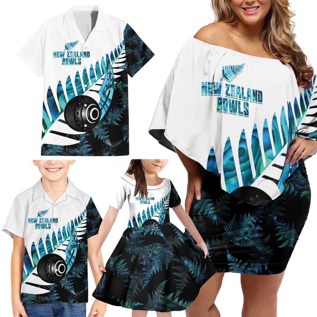 New Zealand Lawn Bowls Custom Family Matching Off Shoulder Short Dress and Hawaiian Shirt Aotearoa Silver Fern Paua Shell LT14 - Polynesian Pride