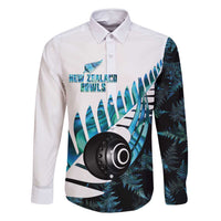New Zealand Lawn Bowls Custom Family Matching Off Shoulder Short Dress and Hawaiian Shirt Aotearoa Silver Fern Paua Shell LT14 Dad's Shirt - Long Sleeve Black - Polynesian Pride