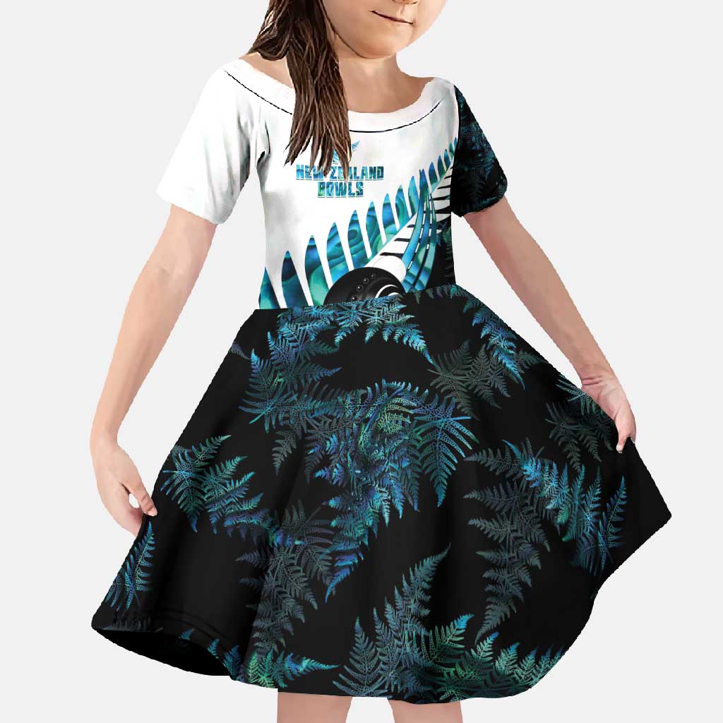 New Zealand Lawn Bowls Custom Family Matching Tank Maxi Dress and Hawaiian Shirt Aotearoa Silver Fern Paua Shell LT14 Daughter's Dress Black - Polynesian Pride
