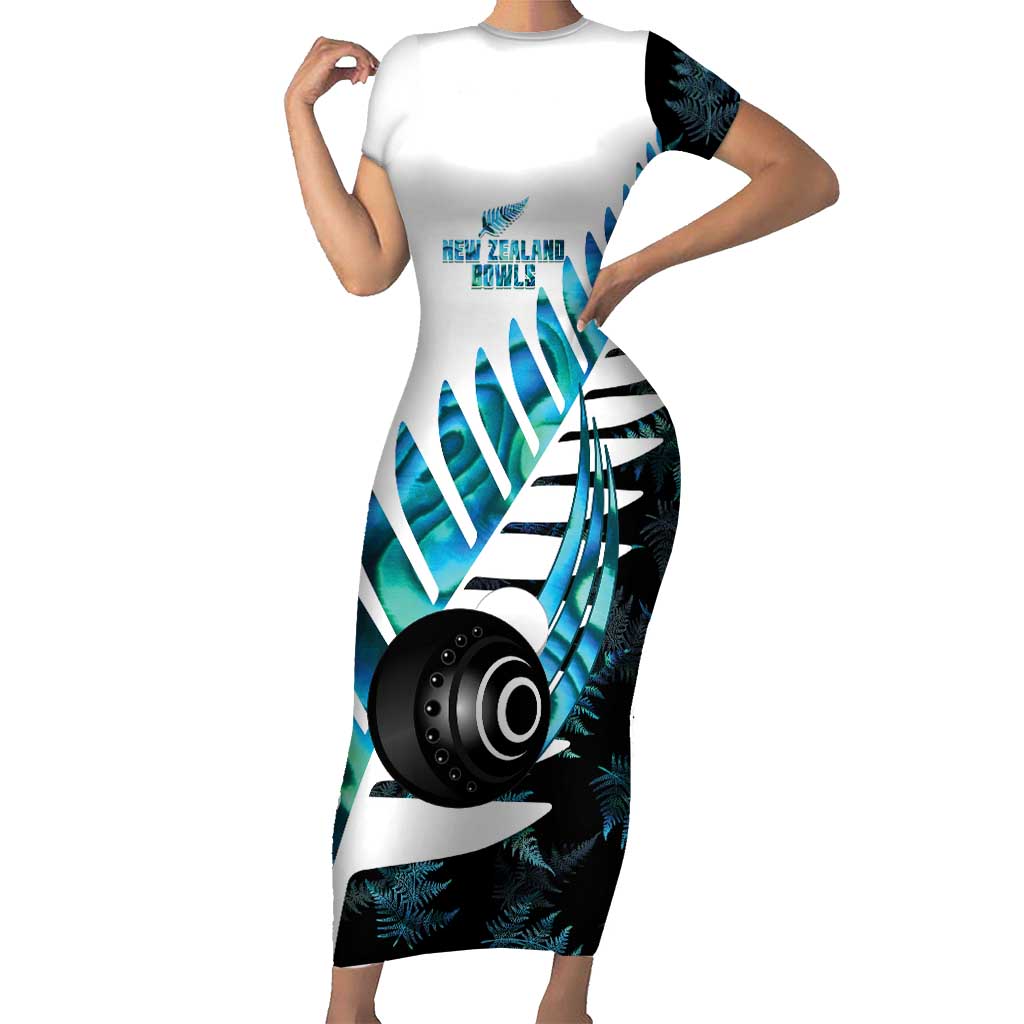 New Zealand Lawn Bowls Custom Short Sleeve Bodycon Dress Aotearoa Silver Fern Paua Shell - Polynesian Pride